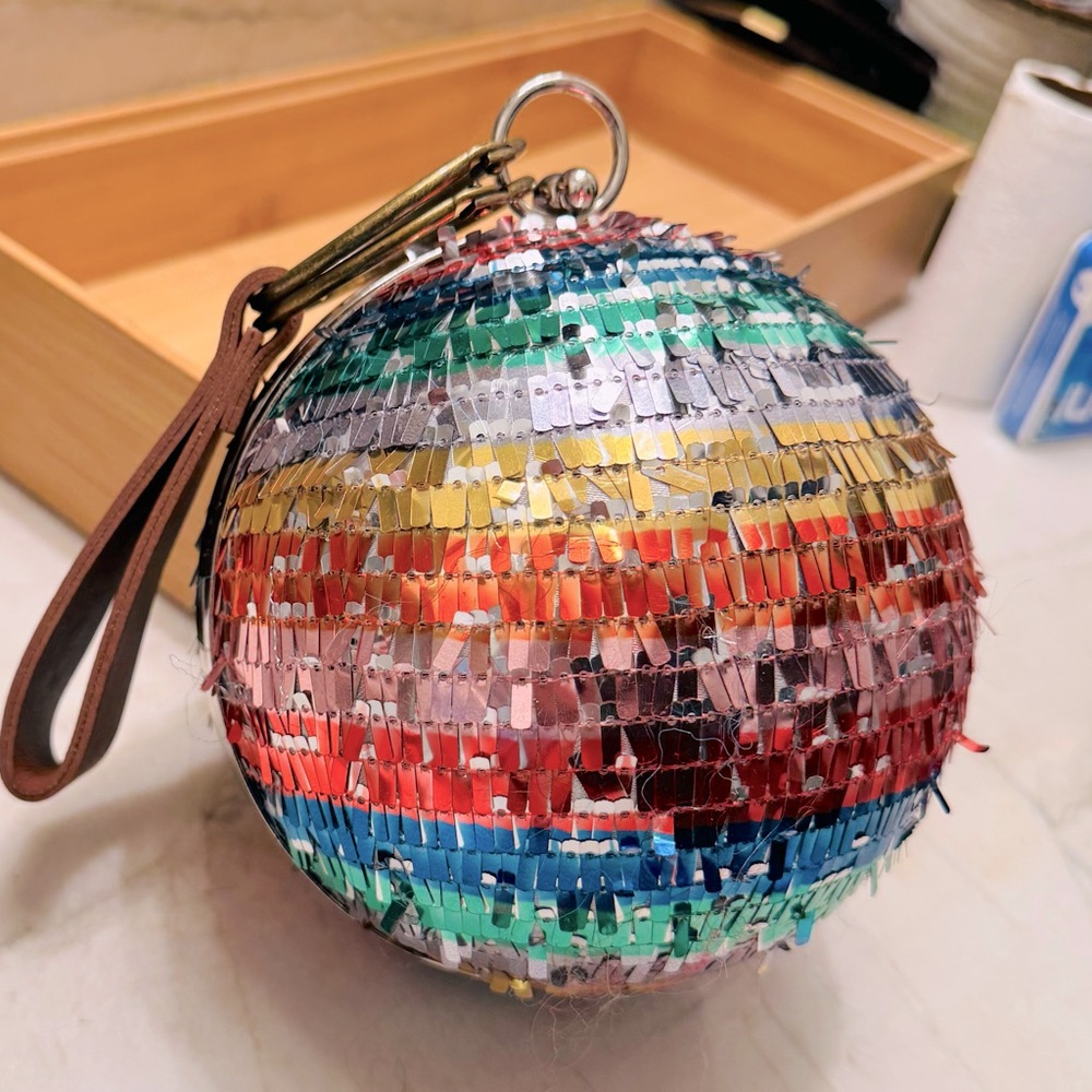 Rainbow colored round ornament fringe cocktail purse/clutch